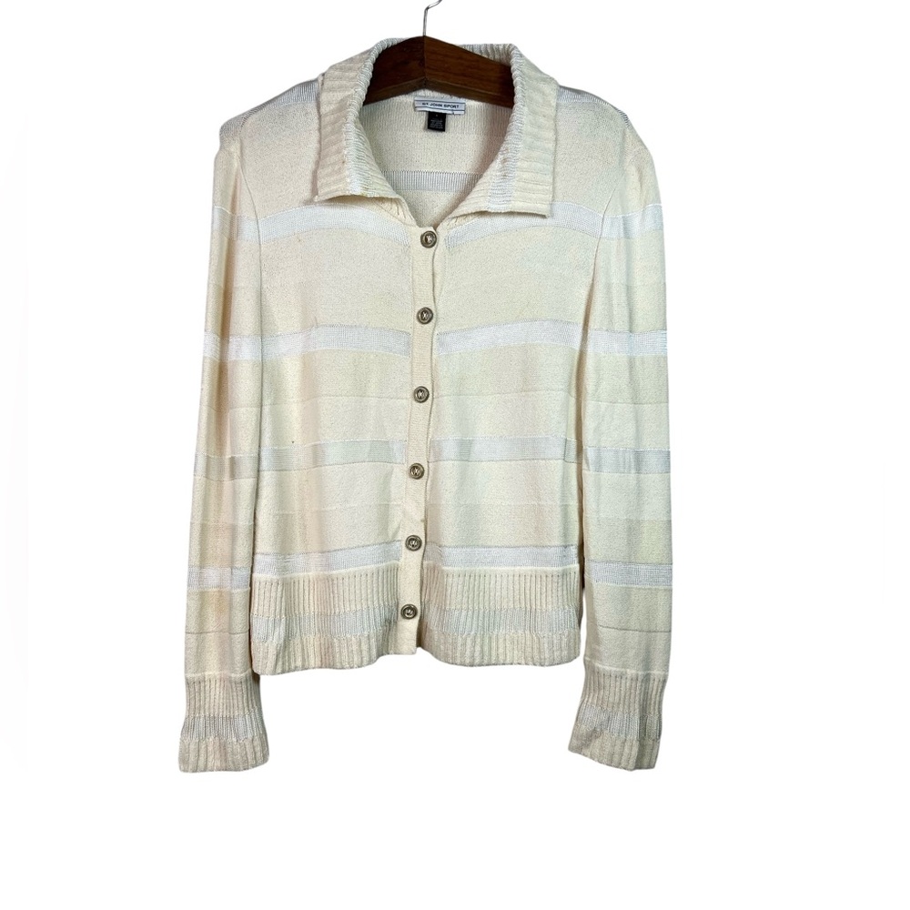 St. John Sport White Cream Striped Cardigan Wool Sweater Size L FLAWS